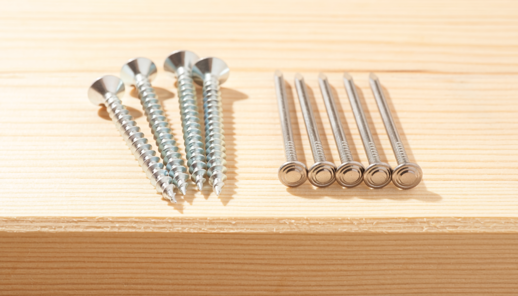 Exterior deck screws and ring-shank deck nails arranged side by side on a clean wood deck board for comparison.