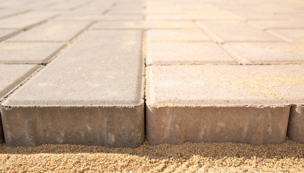Clean patio pavers comparing firm polymeric sand joints with loose regular sand joints.