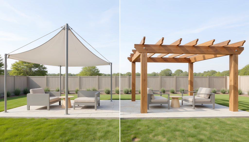 Split view of two clean residential patios, one shaded by a light triangular shade sail and the other by a freestanding wood pergola.