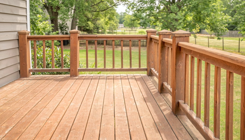 Medium-wide view of an older wooden deck with complete railing, visible deck boards, upright posts, straight rails, and evenly spaced balusters.