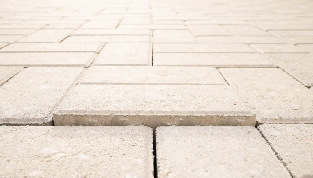 Close view of a residential patio with rectangular concrete pavers, showing one level paver near the center sitting lower than the surrounding pavers.