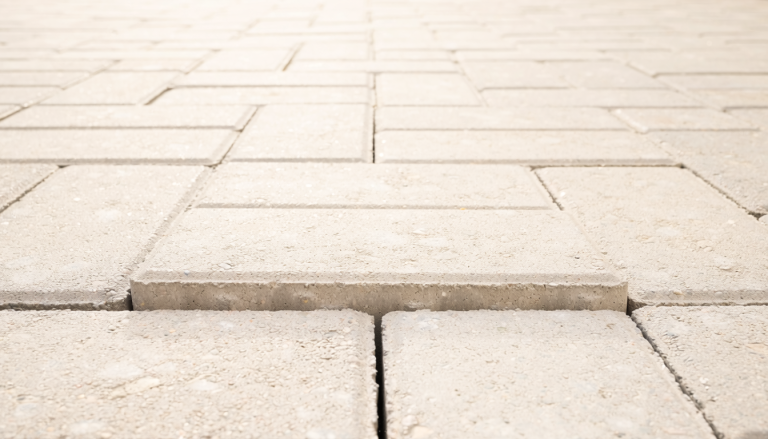 Close view of a residential patio with rectangular concrete pavers, showing one level paver near the center sitting lower than the surrounding pavers.