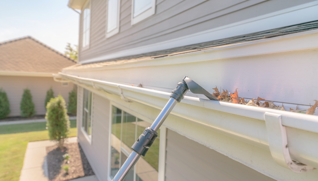 Telescoping gutter-cleaning pole reaching a roof gutter with a small amount of dry leaves and debris.