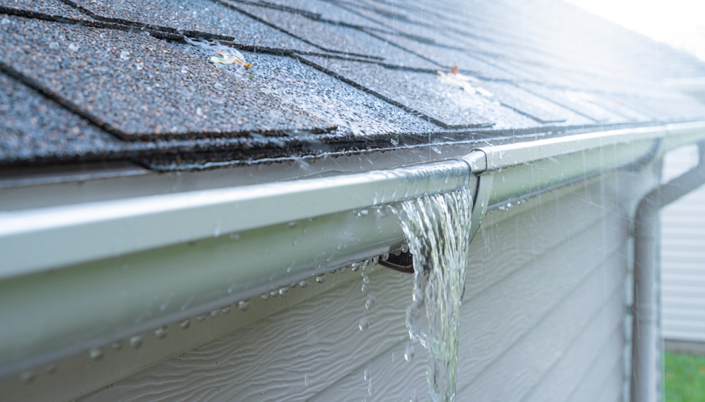 Residential roof gutter overflowing at one localized section during heavy rain.