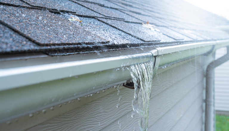 Residential roof gutter overflowing at one localized section during heavy rain.
