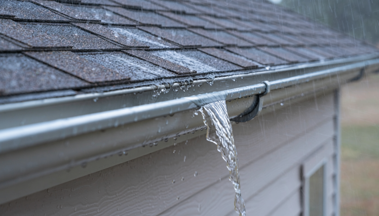 Rainwater spilling over one section of a mostly clear residential roof gutter with no obvious debris visible.