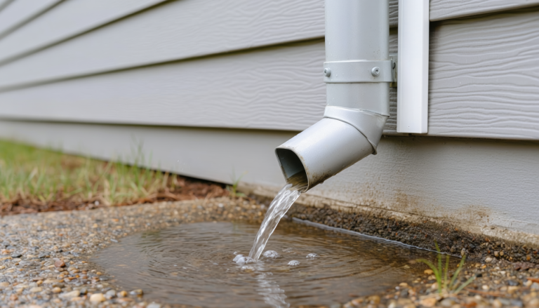 Residential downspout with water pooling around the outlet near the ground.