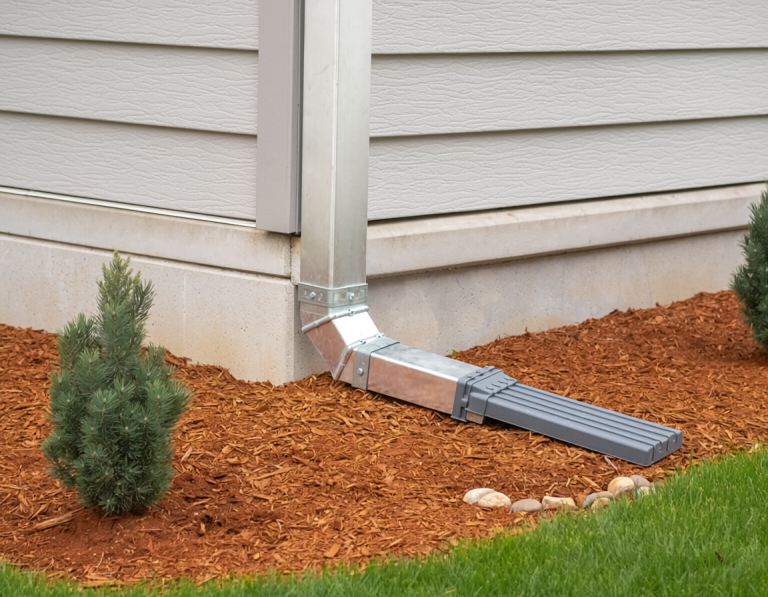 Rectangular residential downspout connected to an extension running through a mulch bed away from the house foundation.
