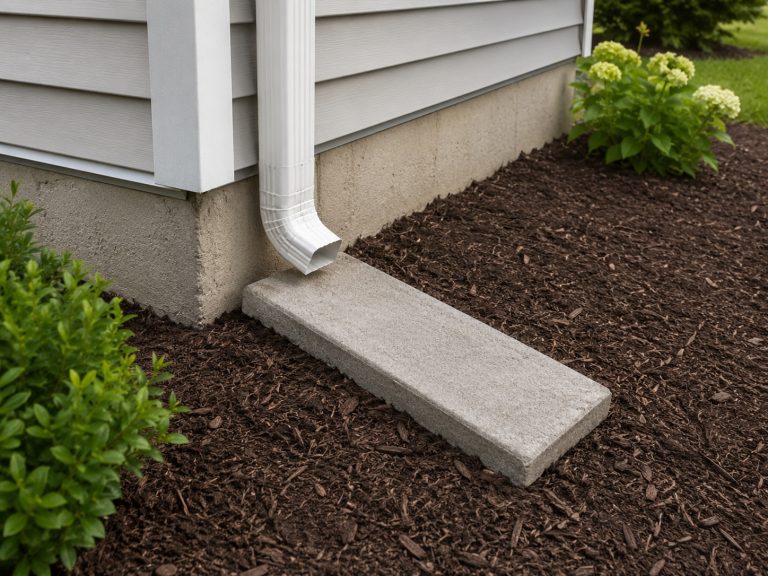 Residential downspout directing water onto a splash block positioned in a landscaped bed beside the house.