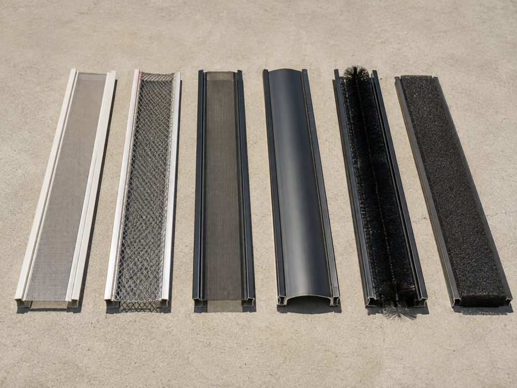 Six common gutter guard types shown in 3-foot sections laid side by side on a clean concrete driveway.