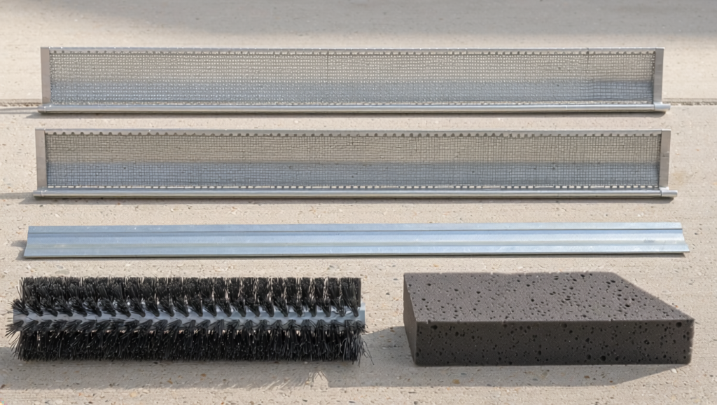 Six gutter guard sample sections on a clean residential driveway, showing micro-mesh, fine mesh, standard screen, reverse-curve, brush, and foam insert styles side by side.