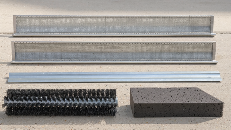Six gutter guard sample sections on a clean residential driveway, showing micro-mesh, fine mesh, standard screen, reverse-curve, brush, and foam insert styles side by side.