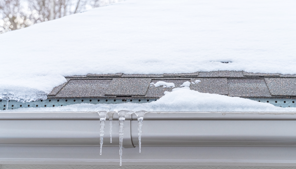 Close view of a snowy roof edge with moderate ice buildup along the gutter, a gutter guard partly visible under the snow, and a few icicles hanging from the gutter.