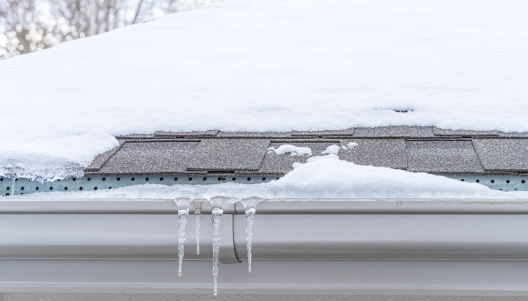 Close view of a snowy roof edge with moderate ice buildup along the gutter, a gutter guard partly visible under the snow, and a few icicles hanging from the gutter.