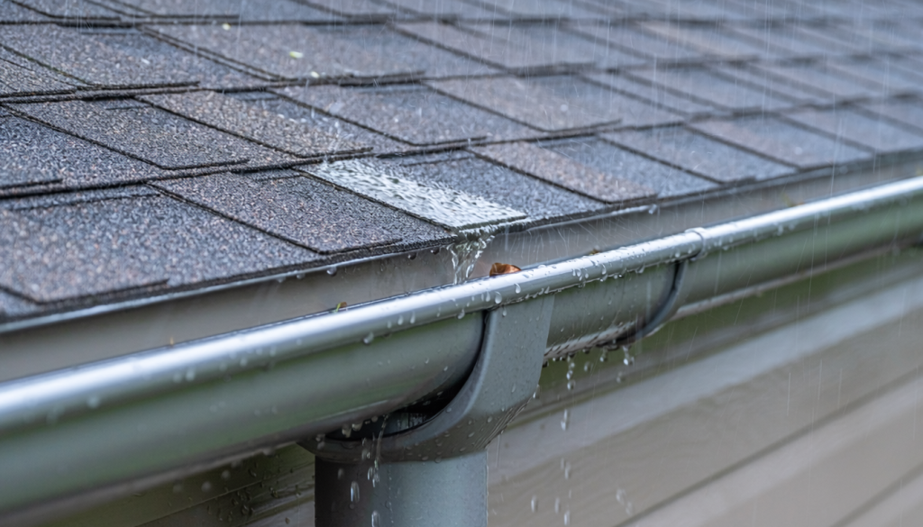 Close side view of rainwater running behind an aluminum gutter and dripping down the fascia and siding in one section.