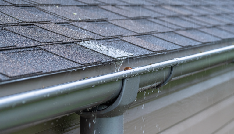 Close side view of rainwater running behind an aluminum gutter and dripping down the fascia and siding in one section.
