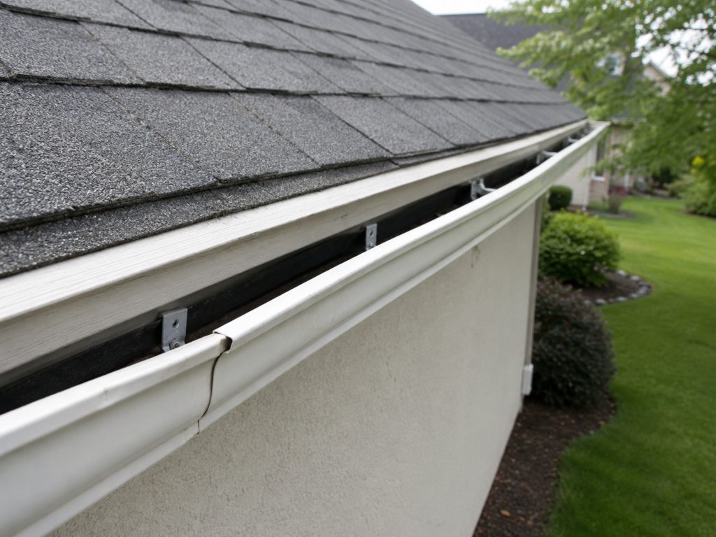 Residential gutter sagging and pulling away from the fascia along the roof edge.