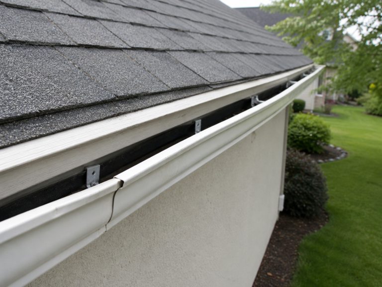 Residential gutter sagging and pulling away from the fascia along the roof edge.