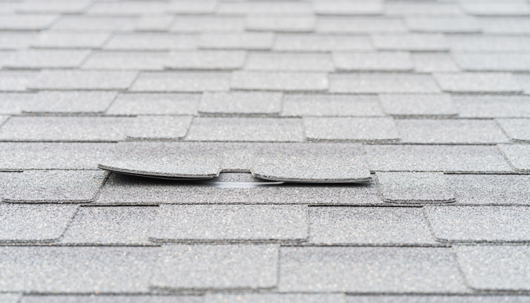 Close view of an asphalt-shingle roof with a few shingles showing slightly curled bottom corners.