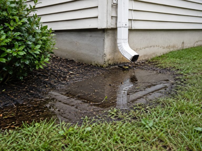 Rainwater pooling beside a house foundation below a downspout after rainfall.