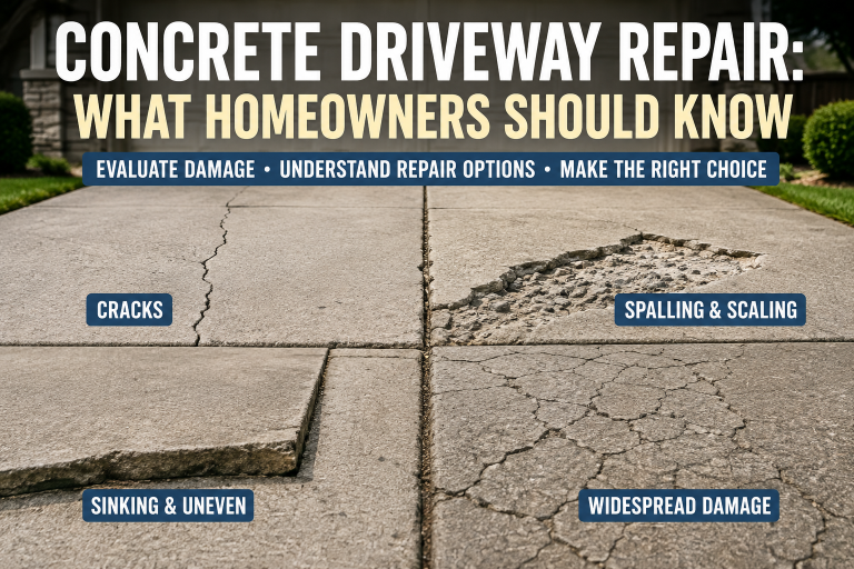 Concrete driveway showing cracks, spalling, uneven slabs, and widespread surface damage.