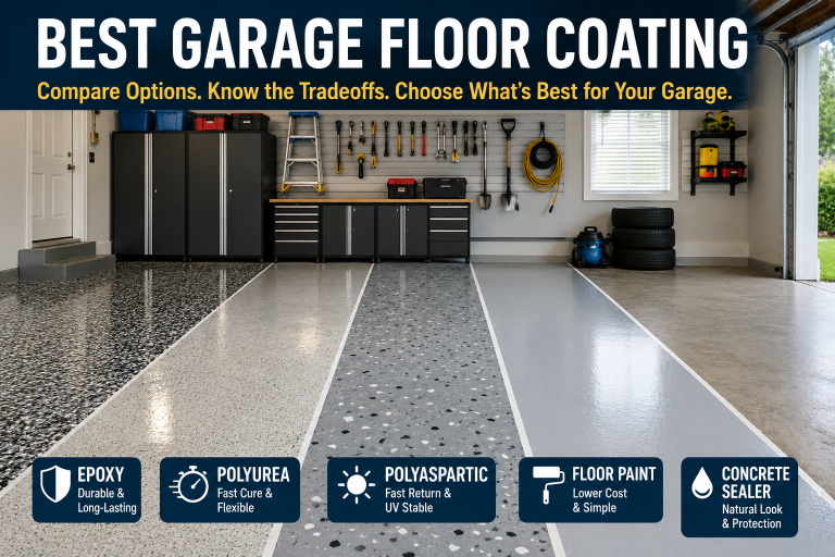 Comparison of epoxy, polyurea, polyaspartic, garage floor paint, and concrete sealer finishes in a residential garage.