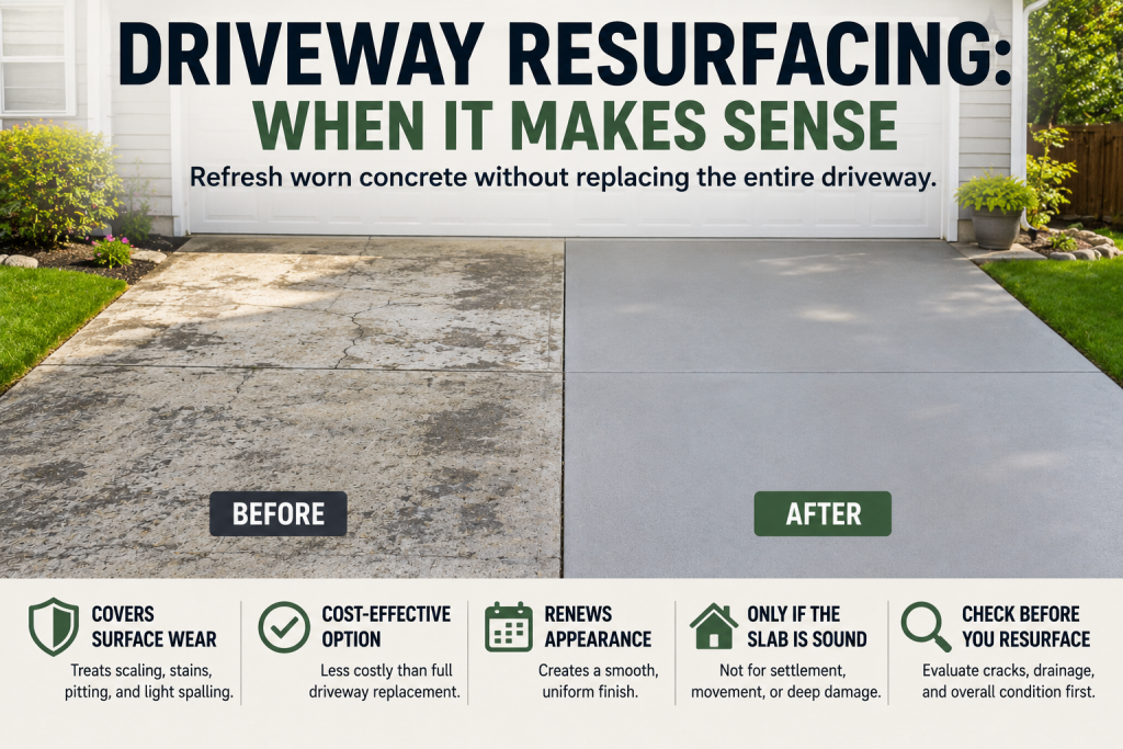 Before-and-after comparison of a worn concrete driveway and a smooth resurfaced driveway.