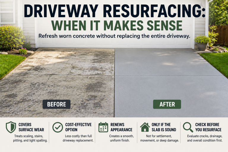 Before-and-after comparison of a worn concrete driveway and a smooth resurfaced driveway.