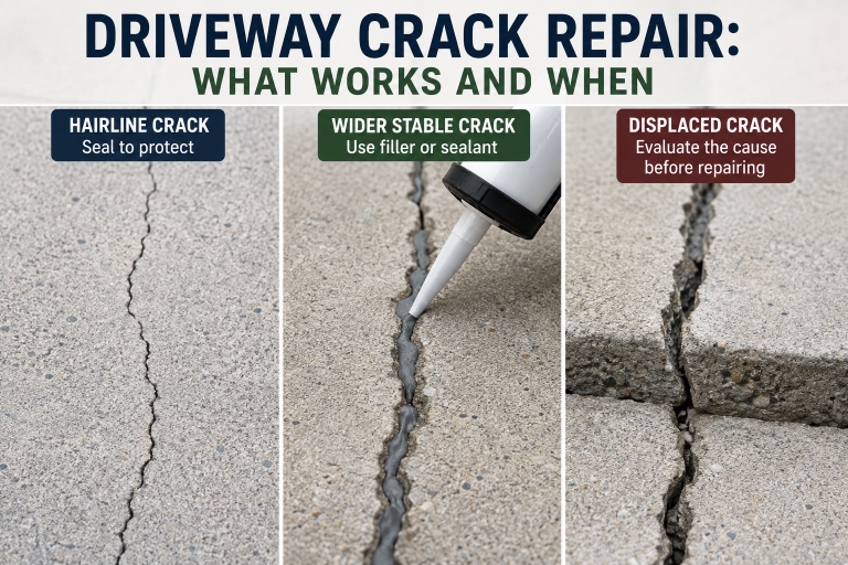 Comparison of a hairline crack, wider stable crack, and displaced crack in a concrete driveway.