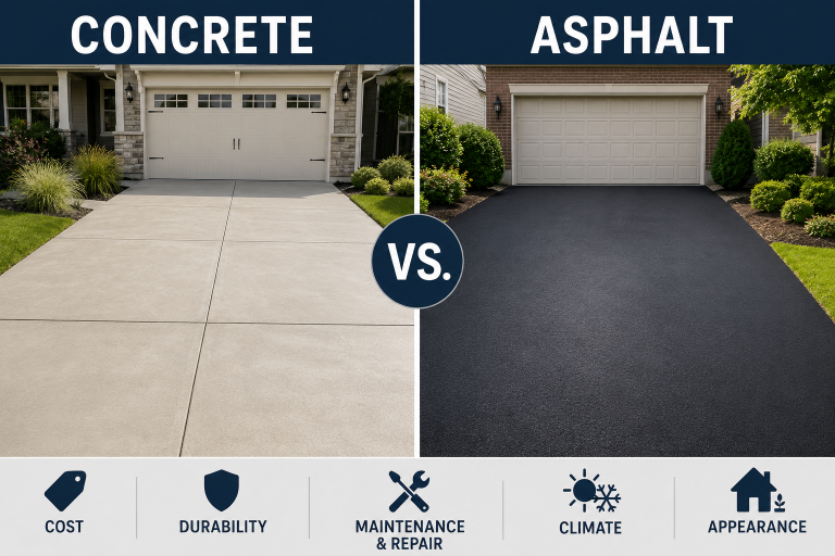Side-by-side comparison of concrete and asphalt residential driveways.