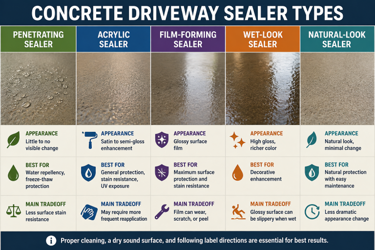 Comparison of penetrating, acrylic, film-forming, wet-look, and natural-look concrete driveway sealers.