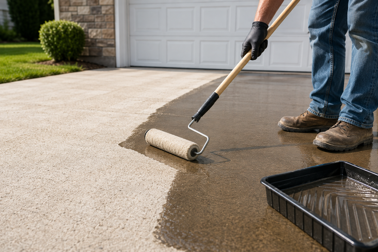 Homeowner applying concrete sealer to a residential driveway with a roller.