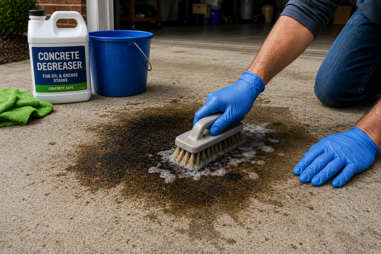 Homeowner scrubbing an oil stain on a concrete driveway with a stiff brush and concrete degreaser.