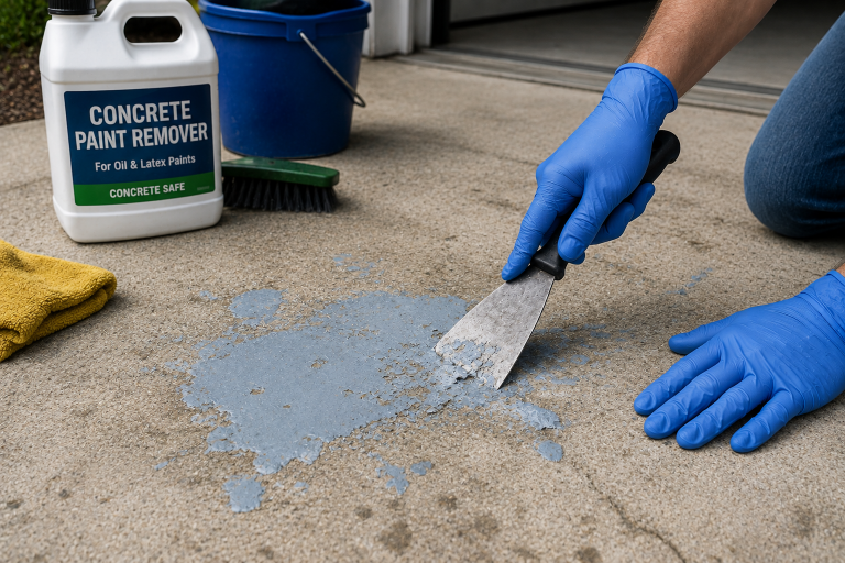 Homeowner scraping dried paint from a concrete driveway while using a concrete-safe paint remover.