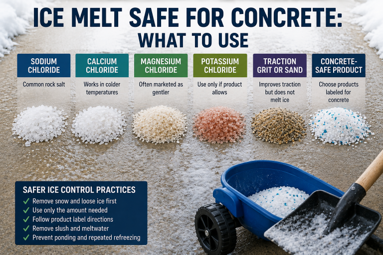 Comparison of common ice melt options and traction grit for use on concrete in winter.