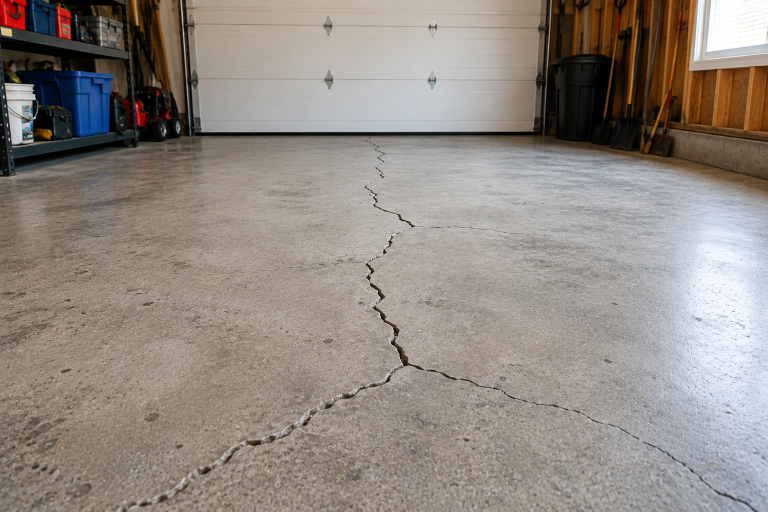Cracked concrete garage floor with a long branching crack running toward the closed garage door.