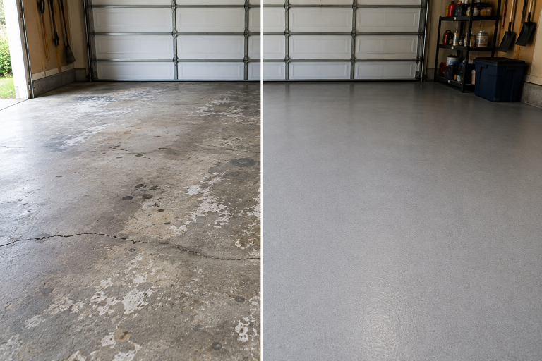 Before-and-after comparison of a worn garage floor and a smooth resurfaced concrete garage floor.