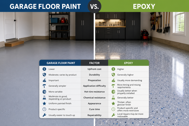 Side-by-side comparison of a painted garage floor and an epoxy-coated garage floor with key performance differences.