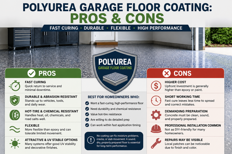 Polyurea garage floor coating pros and cons, including fast curing, durability, flexibility, cost, preparation, and repair considerations.