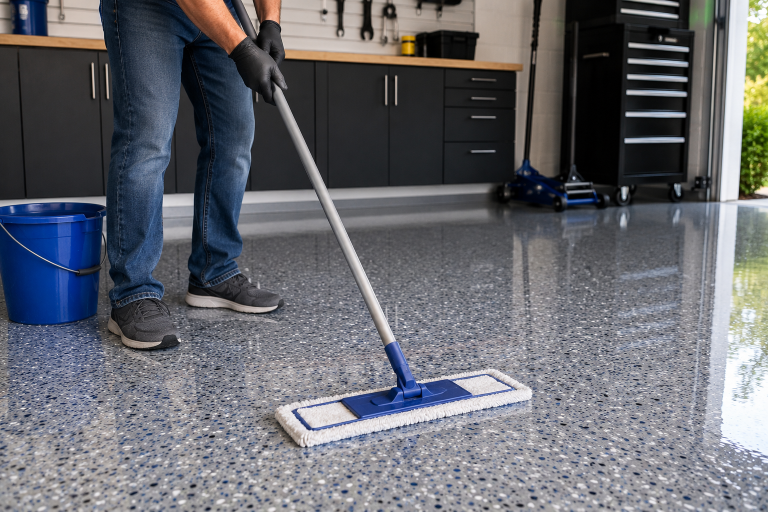 Homeowner cleaning a glossy epoxy garage floor with a microfiber mop.