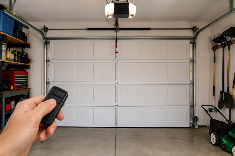 Homeowner using a remote control with a closed residential garage door and automatic opener.