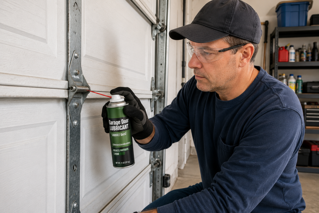 Homeowner applying garage door lubricant to a metal hinge on a residential sectional garage door.