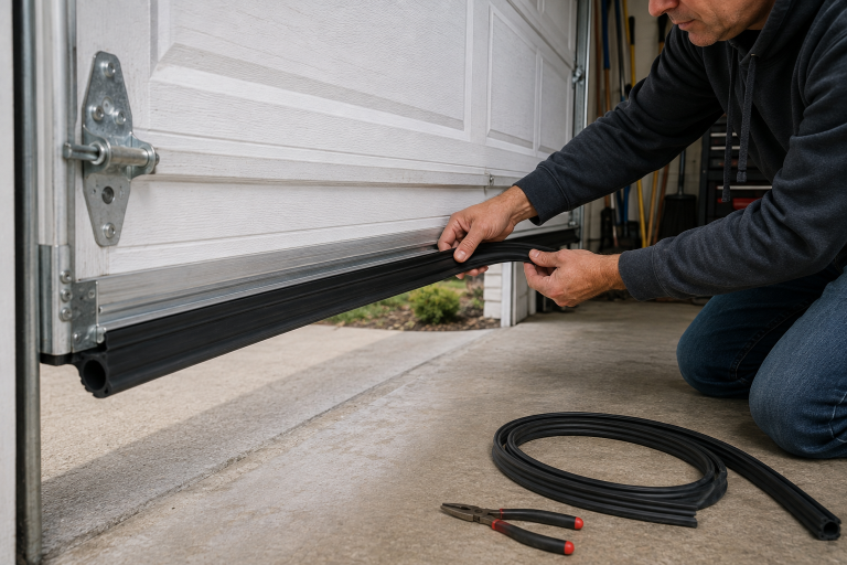 Homeowner installing a replacement bottom weather seal along the bottom edge of an open residential garage door.