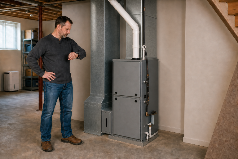 Homeowner timing furnace short cycling beside a basement HVAC system with connected ductwork