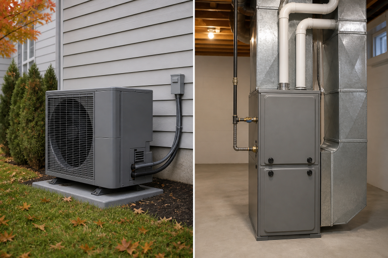 Split-screen comparison of an outdoor heat pump and a furnace in a clean basement