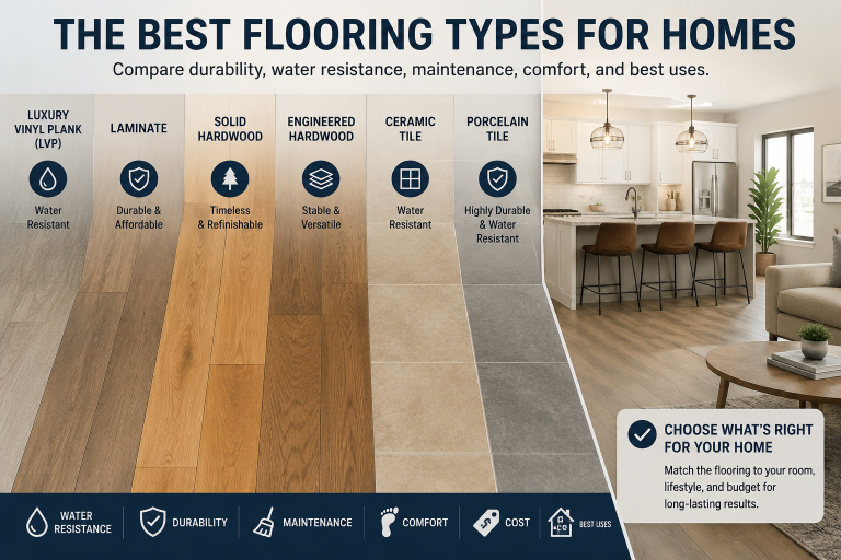 Comparison of luxury vinyl plank, laminate, hardwood, engineered hardwood, ceramic tile, and porcelain tile flooring types for homes.