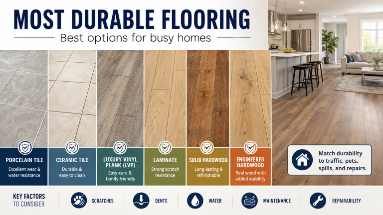 Comparison of porcelain tile, ceramic tile, luxury vinyl plank, laminate, solid hardwood, and engineered hardwood for durable home flooring.