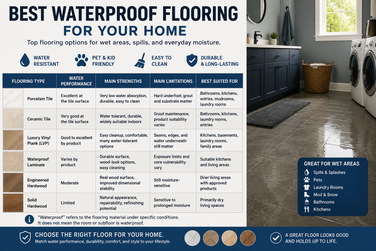 Comparison of porcelain tile, ceramic tile, luxury vinyl plank, waterproof laminate, engineered hardwood, and solid hardwood for waterproof flooring.
