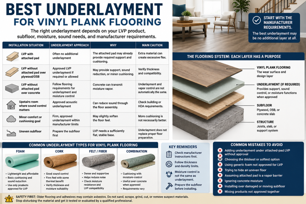 Vinyl plank flooring underlayment comparison showing attached-pad LVP, concrete and wood subfloors, and foam, cork, felt, and combination underlayment options.