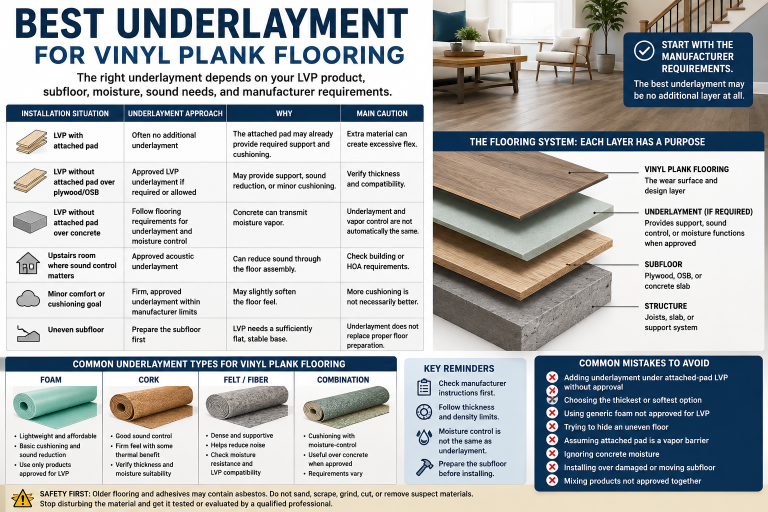 Vinyl plank flooring underlayment comparison showing attached-pad LVP, concrete and wood subfloors, and foam, cork, felt, and combination underlayment options.